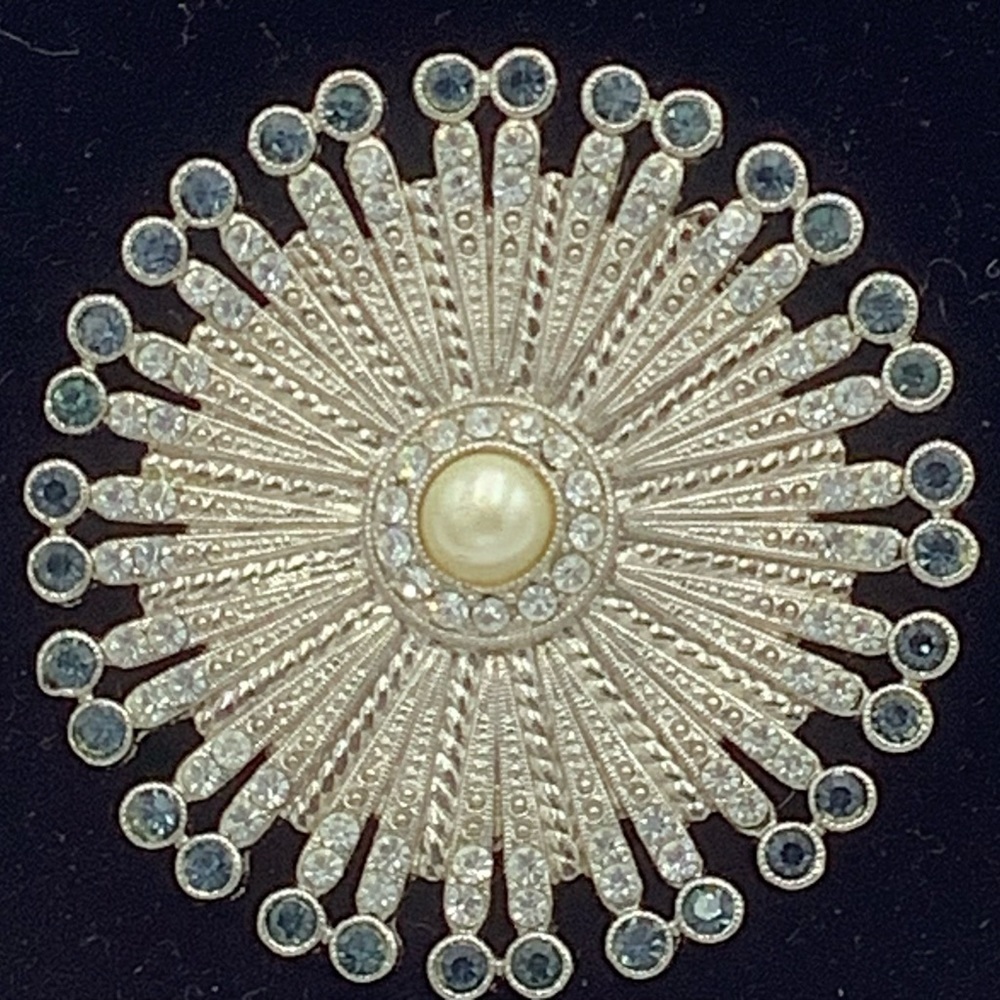 Silver Starburst Brooch with Pearl Center and Rhinestones